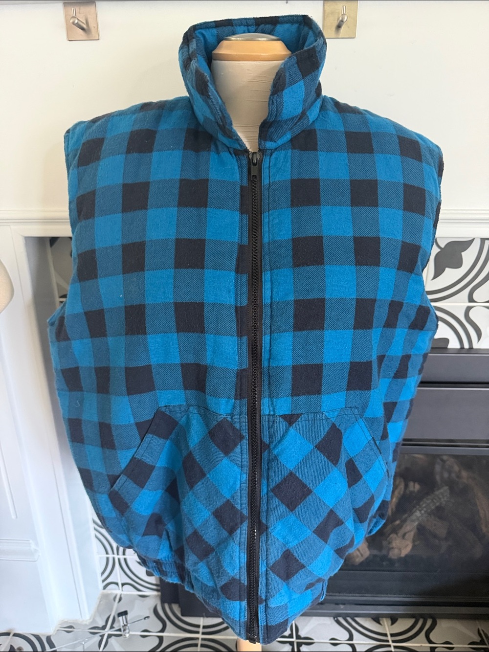 Blue and Black Buffalo Plaid Zip-Up Puffer Vest